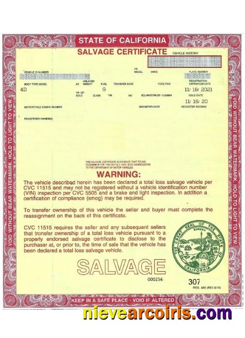 USA California salvage certificate of a vehicle